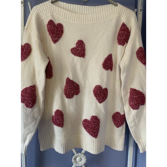 LOFT White Boatneck Sparkle Heart Sweater Hollidays preppy XS - Picture 3 of 6